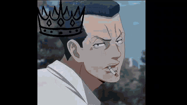 a man in a crown is smoking a cigarette .