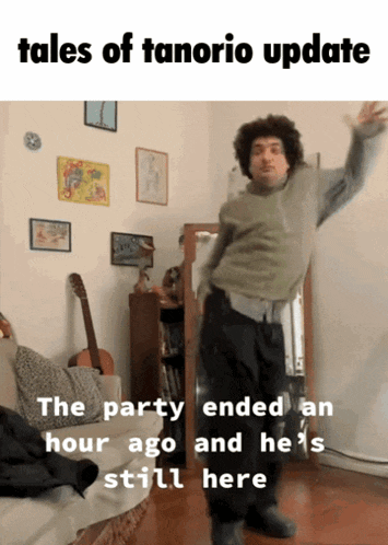 a man is dancing in a living room with the words tales of tanorio update above him