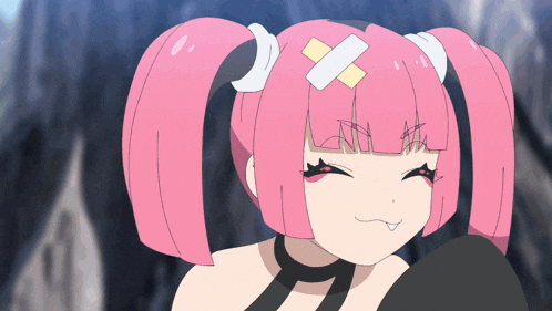 a cartoon character with pink hair and a bandage on her head