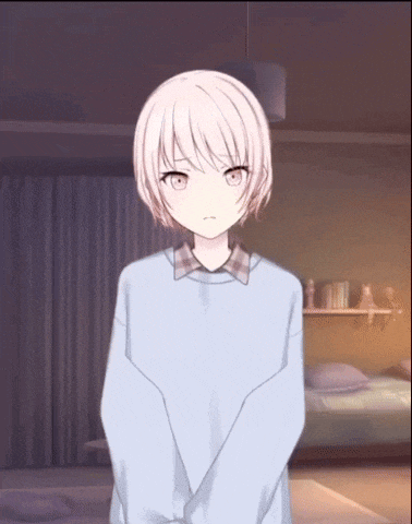 a girl with short white hair is standing in a room