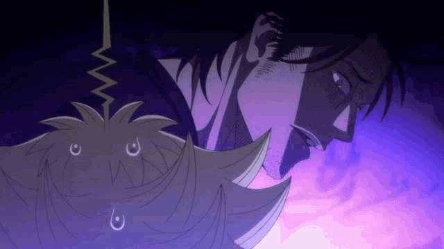 a cartoon drawing of a person with a purple background
