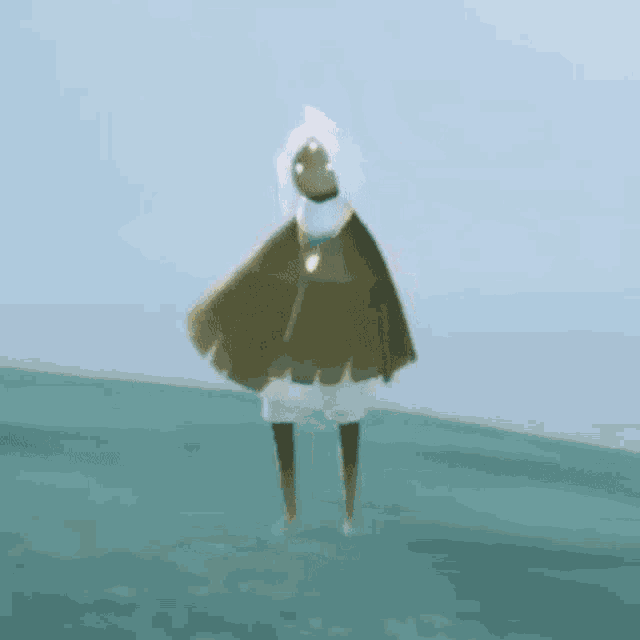 a person in a green cape is standing on a grassy field .