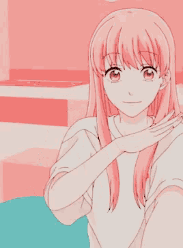 a girl with pink hair and a white shirt is pointing her finger