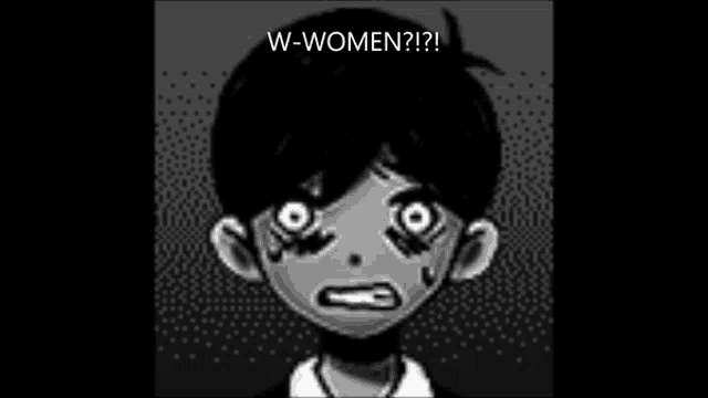 a black and white drawing of a boy with glowing eyes and the words `` w-women '' .