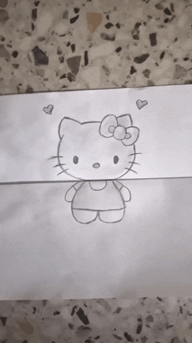 a black and white drawing of hello kitty with hearts around her head
