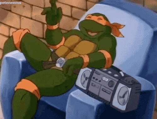 a teenage mutant ninja turtle is sitting in a chair with a boombox .