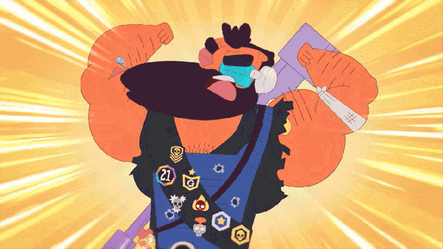 a cartoon drawing of a man with a beard wearing a bandage on his arm