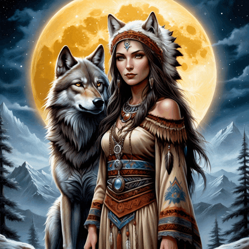 a woman in a native american outfit stands next to a wolf in front of a full moon