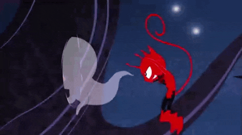 a cartoon drawing of a ghost and a red demon