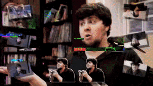 a man in a black shirt is surrounded by pictures of other men
