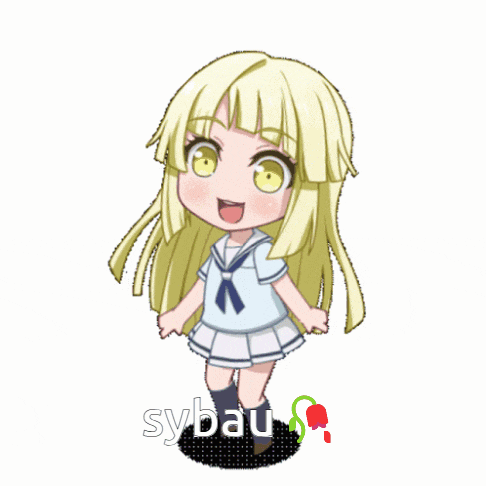 a cartoon of a girl with the word sybau on the bottom right