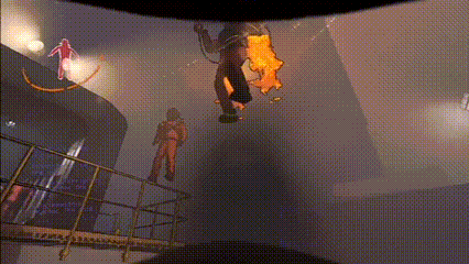 a computer generated image of a man hanging from a rope in a dark room