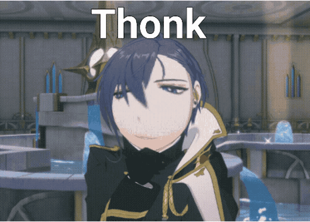a purple haired anime character with the word thonk on the bottom right
