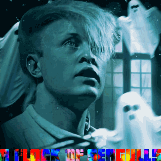 a poster for the movie a flock of seagulls features a man and ghosts