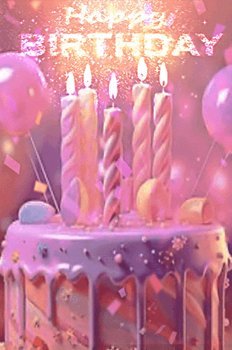 a birthday cake with candles and the words happy birthday written in pink