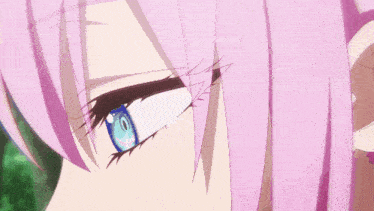 a girl with pink hair and blue eyes is standing in front of a forest .