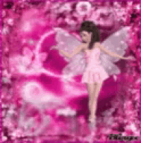 a fairy in a pink dress and white wings is dancing in front of a pink heart .