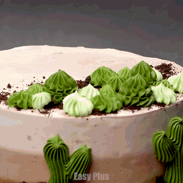a cake with green frosting and the words easy plus below it