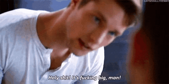 a man in a white shirt says holy shit ! it 's fucking big , man !