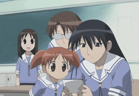 a group of anime characters in a classroom including a girl with red hair