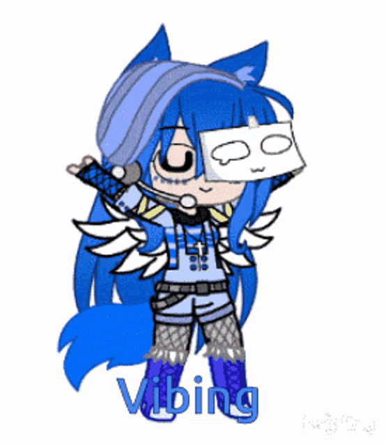 a cartoon character with blue hair and a mask on her face is holding a microphone .