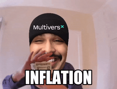 a man wearing a multivers beanie is holding a stack of money in front of his face