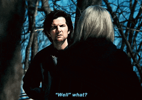 a man and a woman are talking and the man is saying " well " what