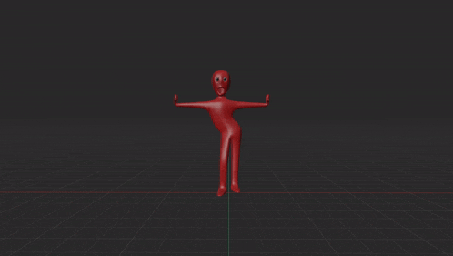 a 3d model of a red man with his arms outstretched in a dark room