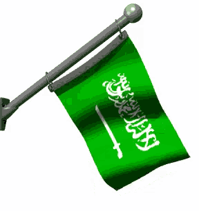 a green flag with a sword on it is waving in the wind .