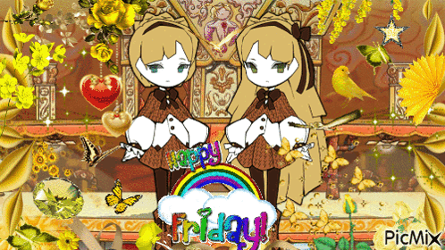 a picture of two girls with a rainbow and the words friday on it