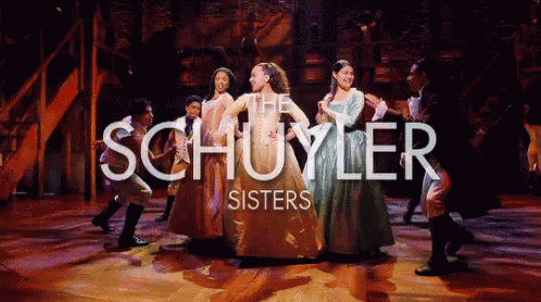 a group of people are dancing on a stage with the words " the schuyler sisters " above them