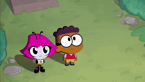 a group of cartoon characters are standing in a field with the letter m on the grass