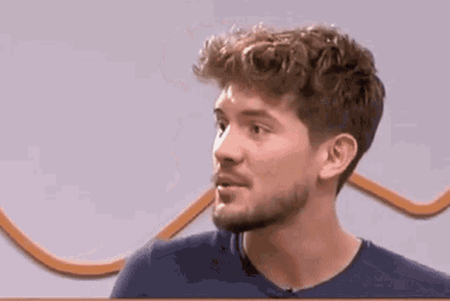 a man with a beard and curly hair is smiling and looking to the side .