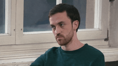 a man with a beard wearing a green sweater looks out a window