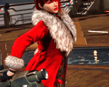 a woman in a red coat and fur collar holds a gun
