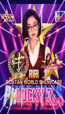 a poster for a roatan world showcase with a woman holding a trophy