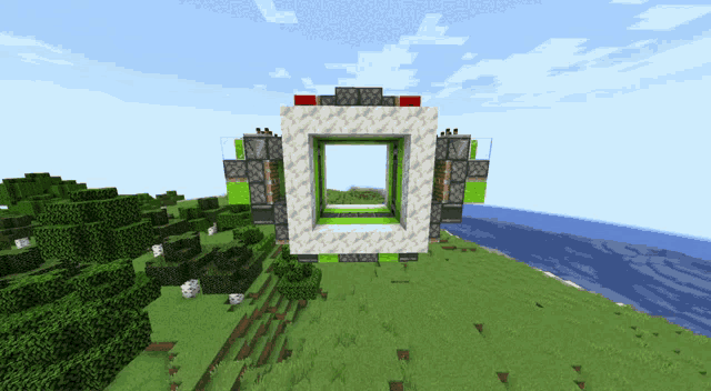 a minecraft screenshot of a green and white portal in the middle of a field