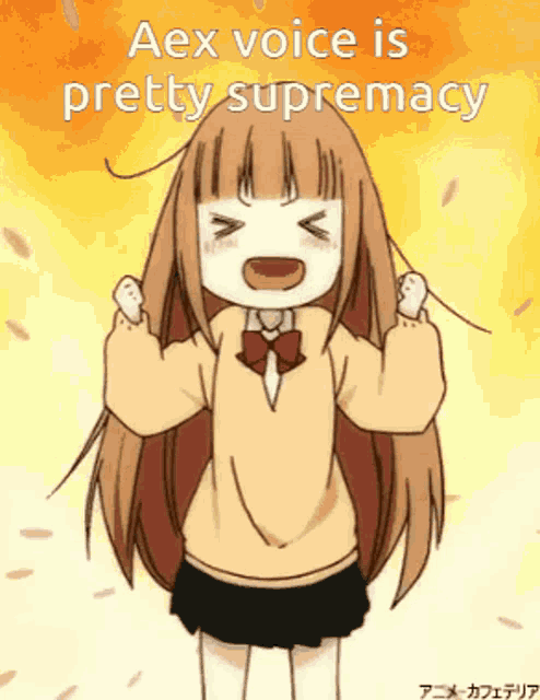a cartoon of a girl with the words " aex voice is pretty supremacy " on the bottom