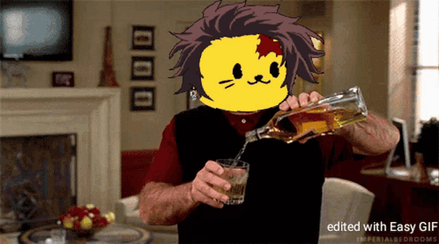 a cartoon of a man pouring a glass of whiskey with a cat face on his head