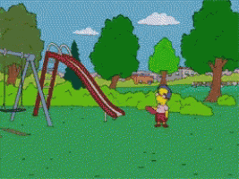 a cartoon character is standing in front of a playground with a slide and swings