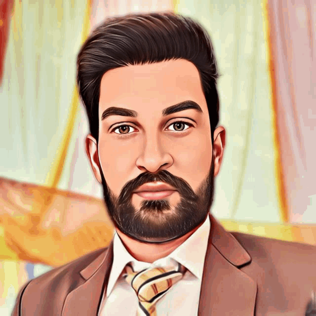 a man with a beard wearing a suit and tie looks at the camera