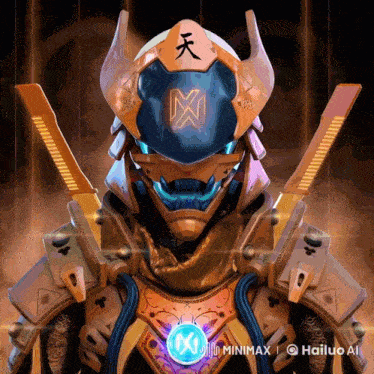 a futuristic robot with a chinese symbol on his helmet