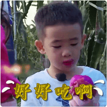 a young boy is eating a dragon fruit with chinese writing on his face .