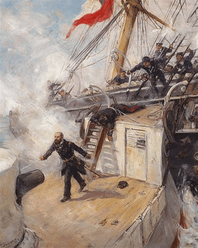 a painting of a man holding a sword on a boat