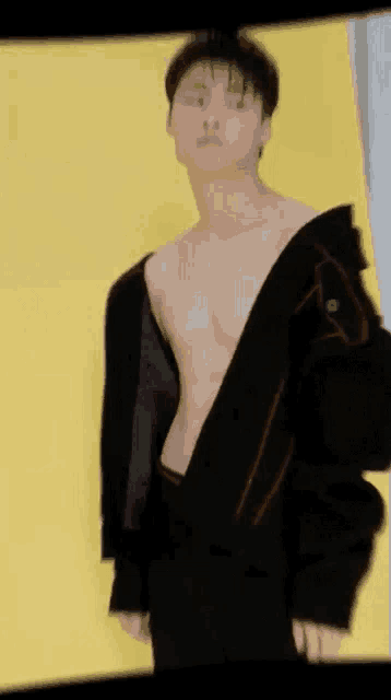 a blurry picture of a man without a shirt on a yellow background .