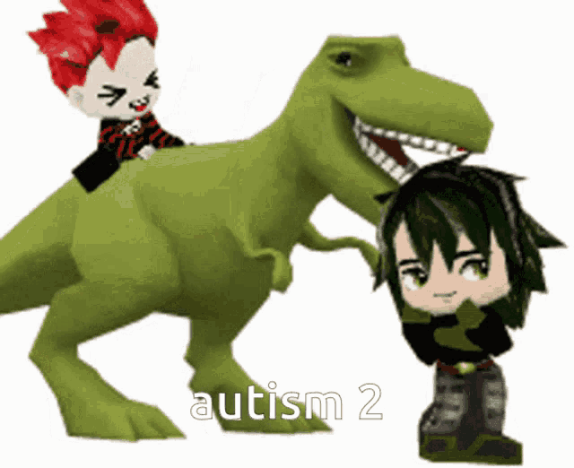 a cartoon of a boy riding on the back of a dinosaur with the words autism 2 below