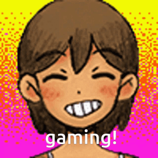 a cartoon of a girl with a big smile and the words gaming on the bottom .