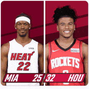two basketball players from the heat and rockets are standing next to each other