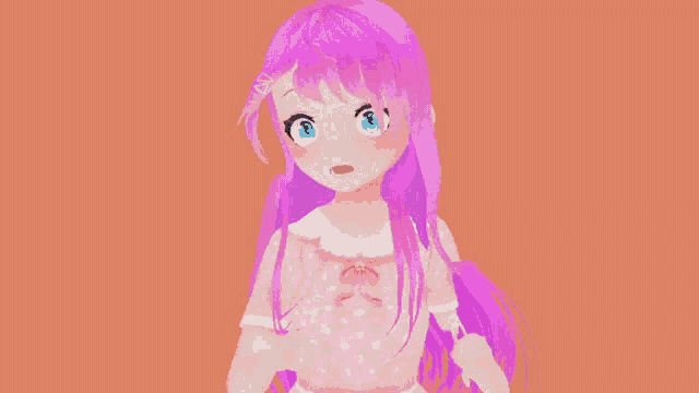 a girl with long pink hair and blue eyes is wearing a pink dress