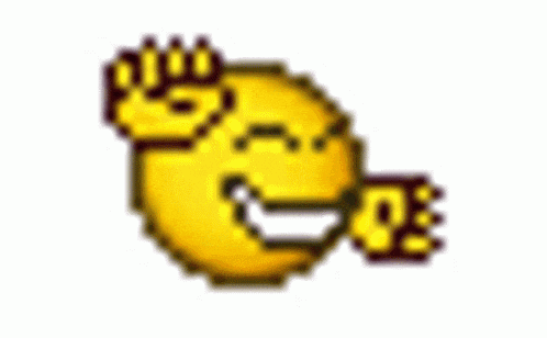 a pixel art illustration of a smiley face with a red mouth and two crowns behind it .